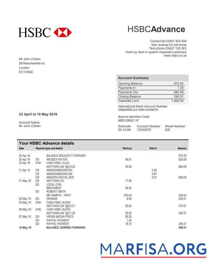 Downloadable United Kingdom HSBC bank statement word example